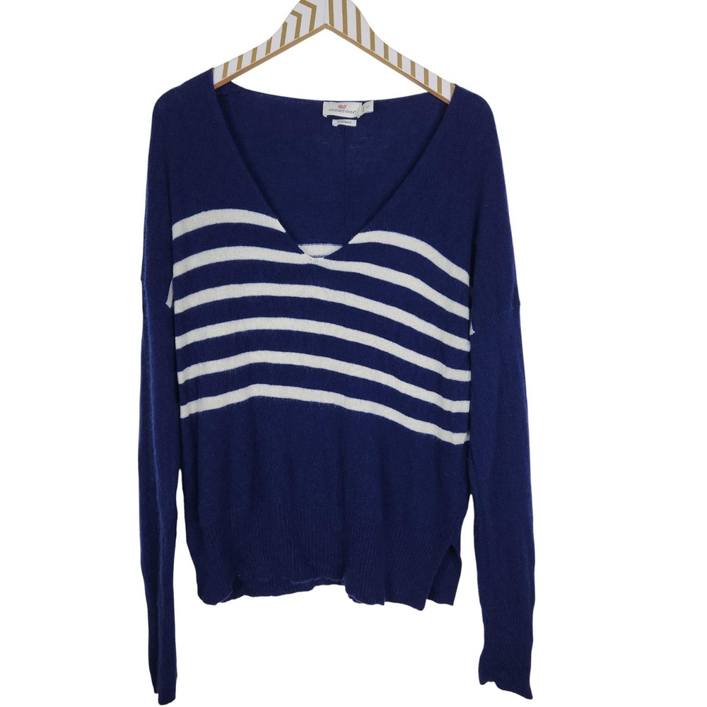 VINEYARD VINES Sweater Womens Large Blue White 100% Cashmere Striped V-Neck‎